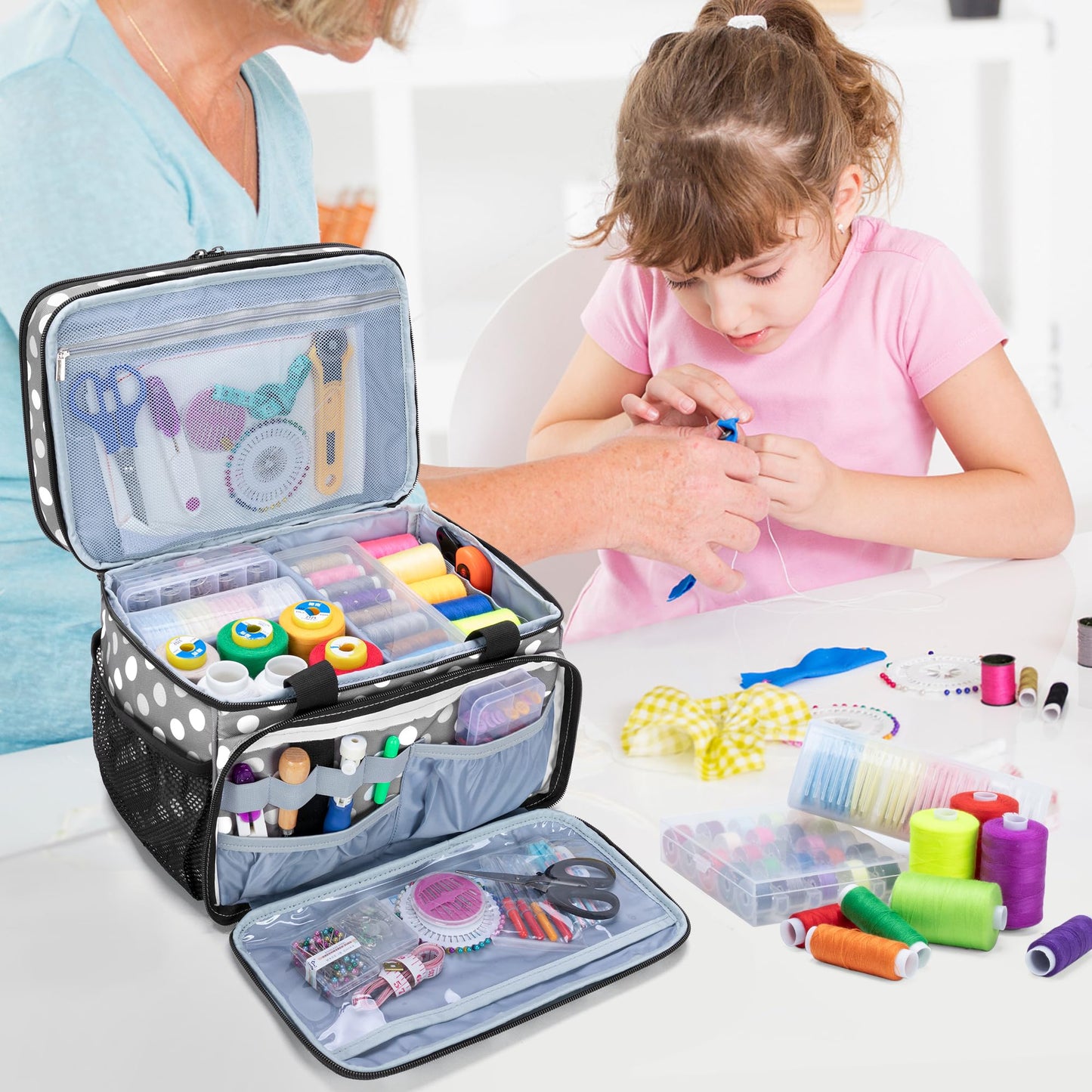 LUXJA Large Sewing Organizer with Many Compartments, 2 Layers Sewing Accessories Organizer with Varisized Pockets for Sewing and Crafting Supplies (Bag Only), Polka Dots