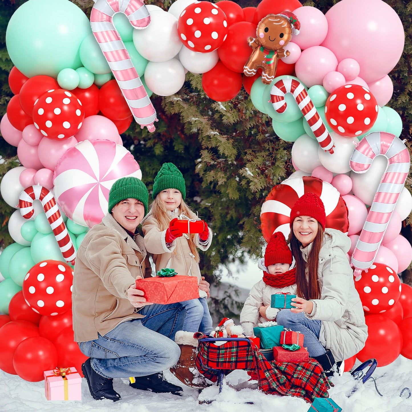 Christmas Balloons Arch Xmas 132PCS Red Pink Green White Balloons Garland for Gingerbread Party Decorations with Cane Foil Balloons Lollipop Candy Balloon New Year Cookie Exchange Decor
