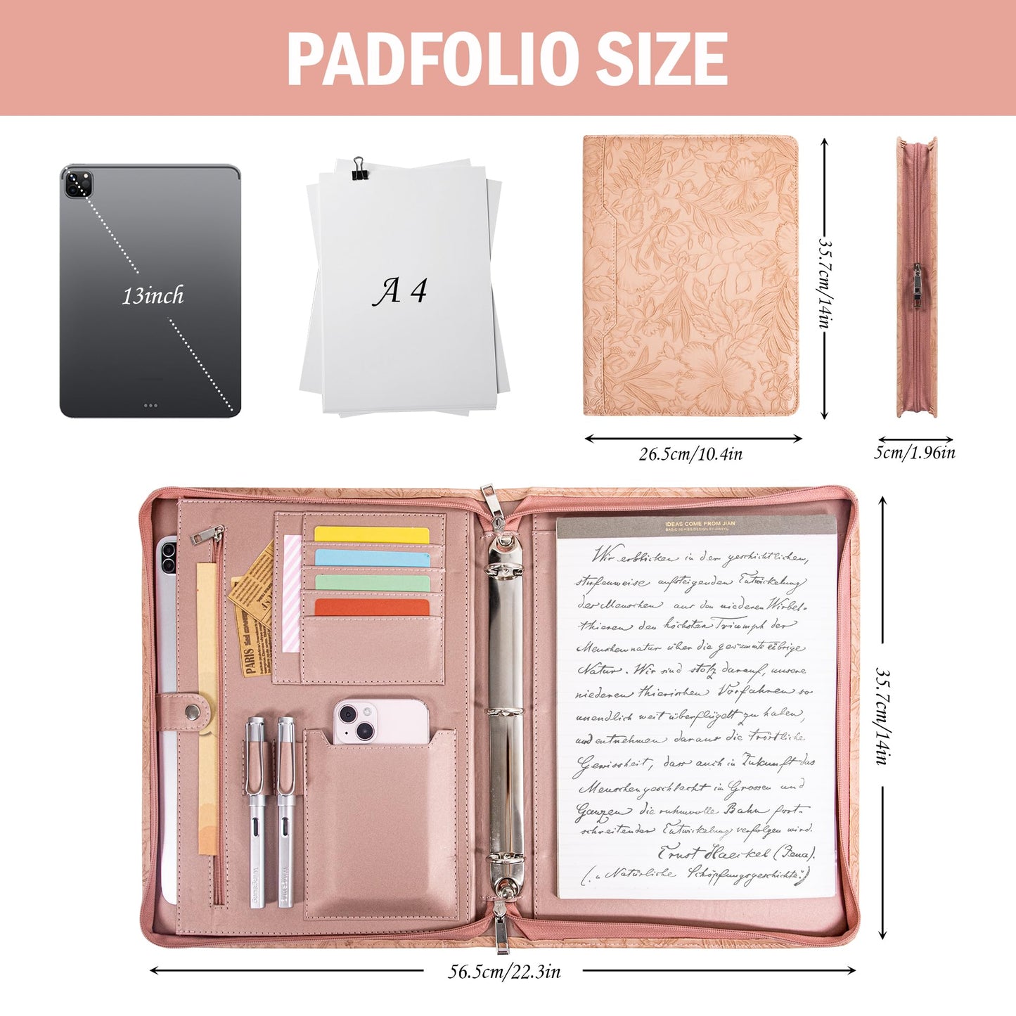 Calfinder Padfolio for Women,Embossed Leather 3 Ring Portfolio Binder,Business Portfolio Organizer with Tablet/Documents Holder,Leather Pink Padfolio Binder for Interview/Office,Valentine's Day Gift