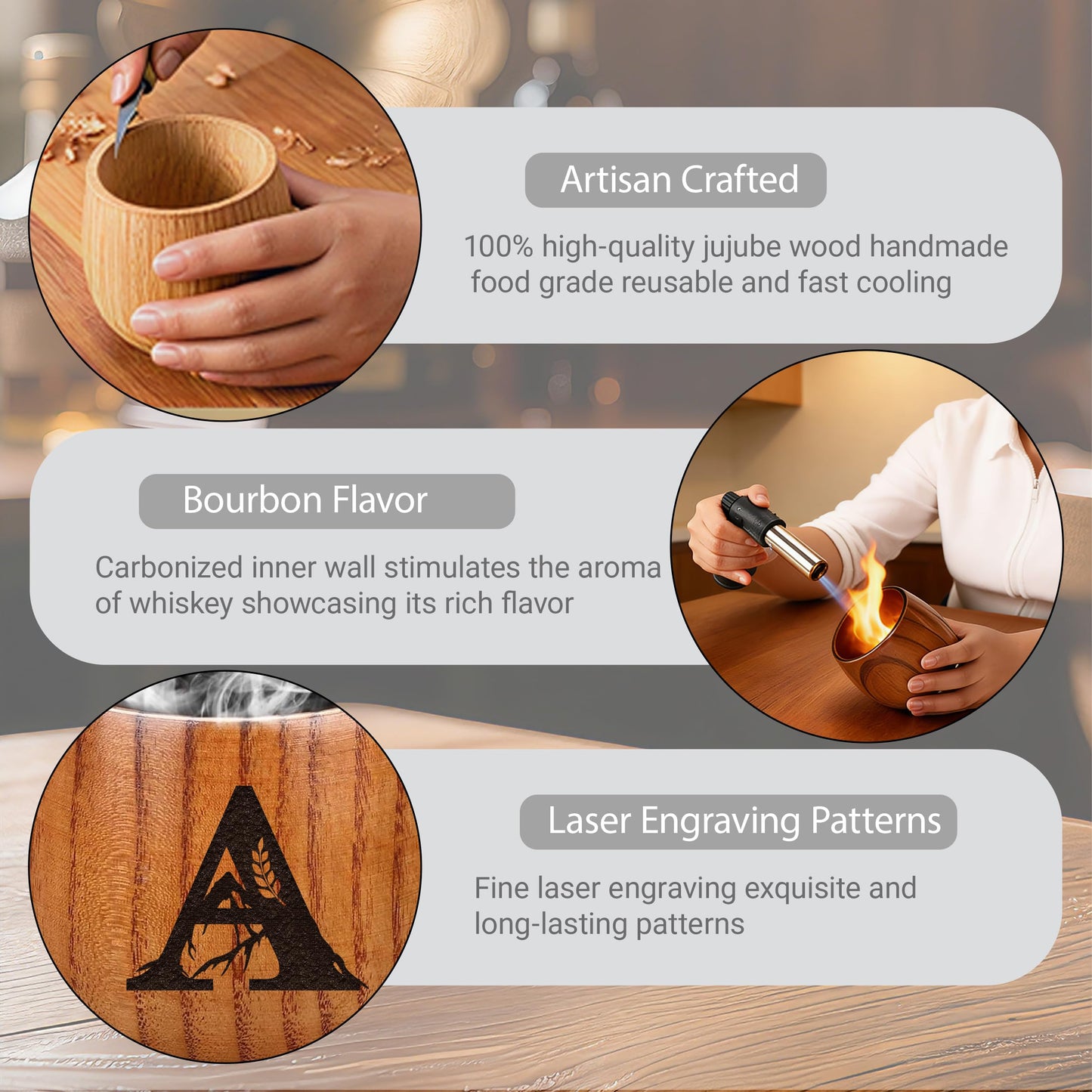 Charred Wooden Bourbon Drinking Glass Wooden Whiskey Glasses Set of 1 5 Piece Complete Whiskey Gift Set Personalized Gifts for Men Husband Dad Brother Whiskey Lovers (M)