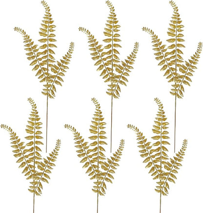 DILATATA 6Pcs Christmas Glitter Leaves Boston Fern Leaves 25" Artificial Gold Fern Leaf Picks Sprays Giltter Stems for Christmas Tree DIY Xmas Wreath Garland Home Decor - Gold