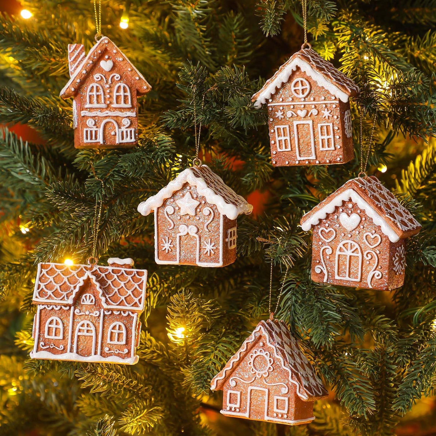 Weysat 6 Pcs Christmas Gingerbread House Ornament Glitter Christmas Tree Decorations Brown Gingerbread House Hanging Ornament for Xmas Tree Home Winter Party Decoration