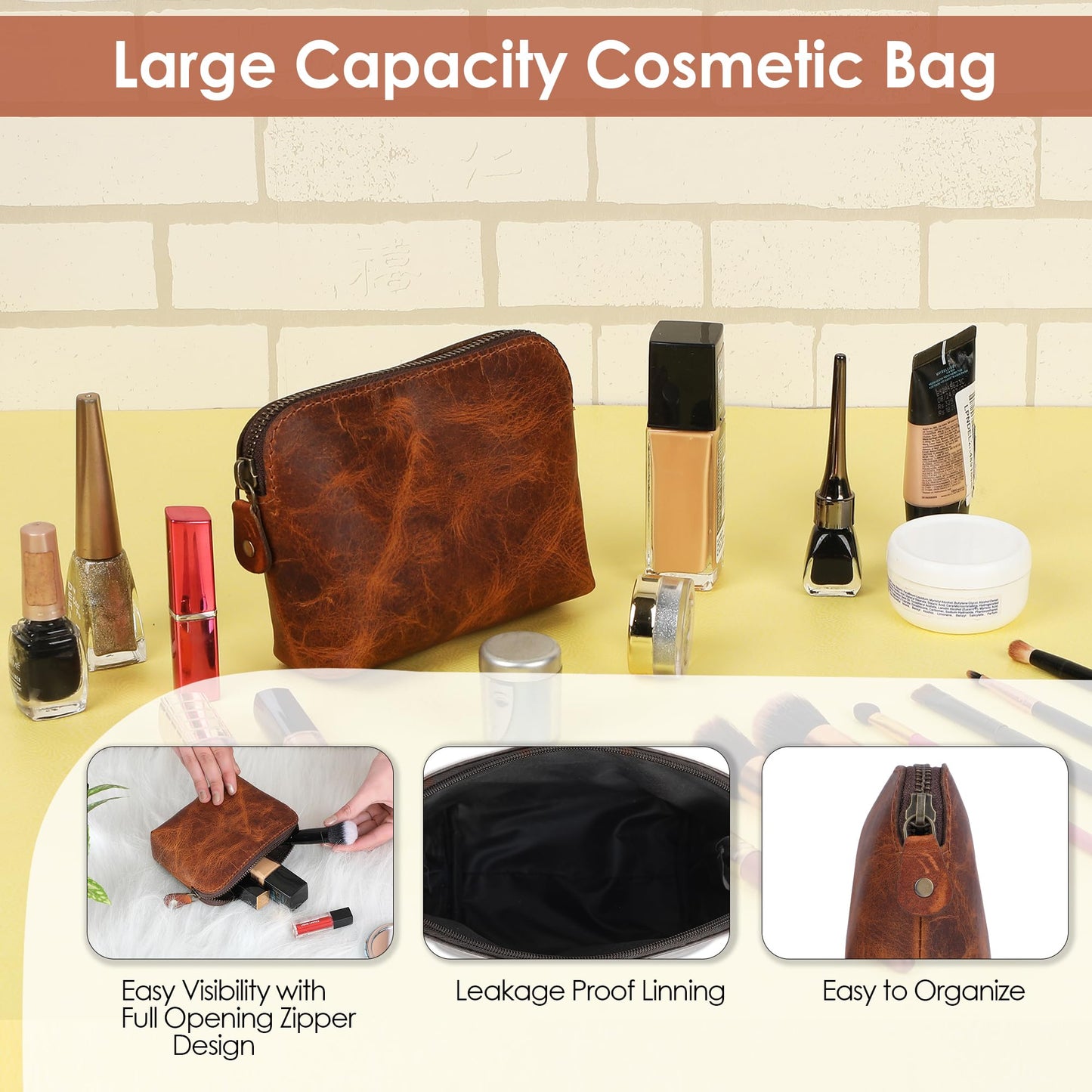 TheAntiq Full Grain Leather Cosmetic Bag – Zippered Makeup Pouch for Women, Small Travel Toiletry & Organizer Pouch for Purse, Premium Handmade Leather (5 × 4 × 2.5 in)