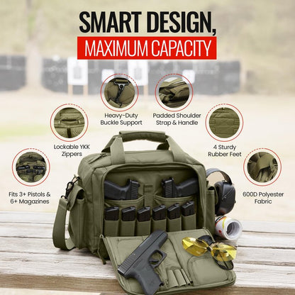 Gun Range Bags for Handguns and Ammo – Tactical Shooting Bag can Fits 3+ Pistols – Compact Gun Carrying Case with Durable Double Stitching Lockable YKK Zippers, Magazine Storage & Shoulder Strap