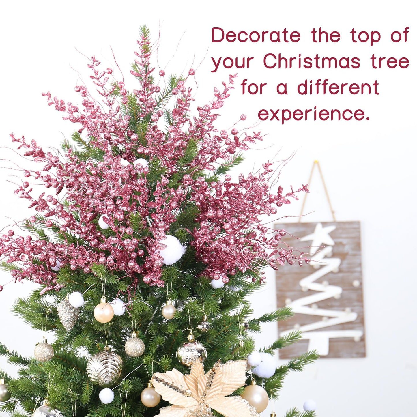 24 Pack Christmas Tree Decorations Picks and Sprays, Christmas Ornaments Artificial Glitter Berry Stems Branches Picks Twigs for Xmas Tree Vase Filler Home Holiday Decor (Pink-A)