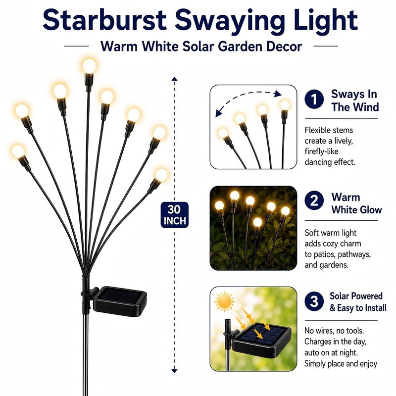 TONULAX Solar Garden Lights - Upgraded Solar Swaying Light, Sway by Wind, Outdoor Lights, Yard Patio Pathway Decoration, High Flexibility Iron Wire & Heavy Bulb Base, Warm White(10 Pack)