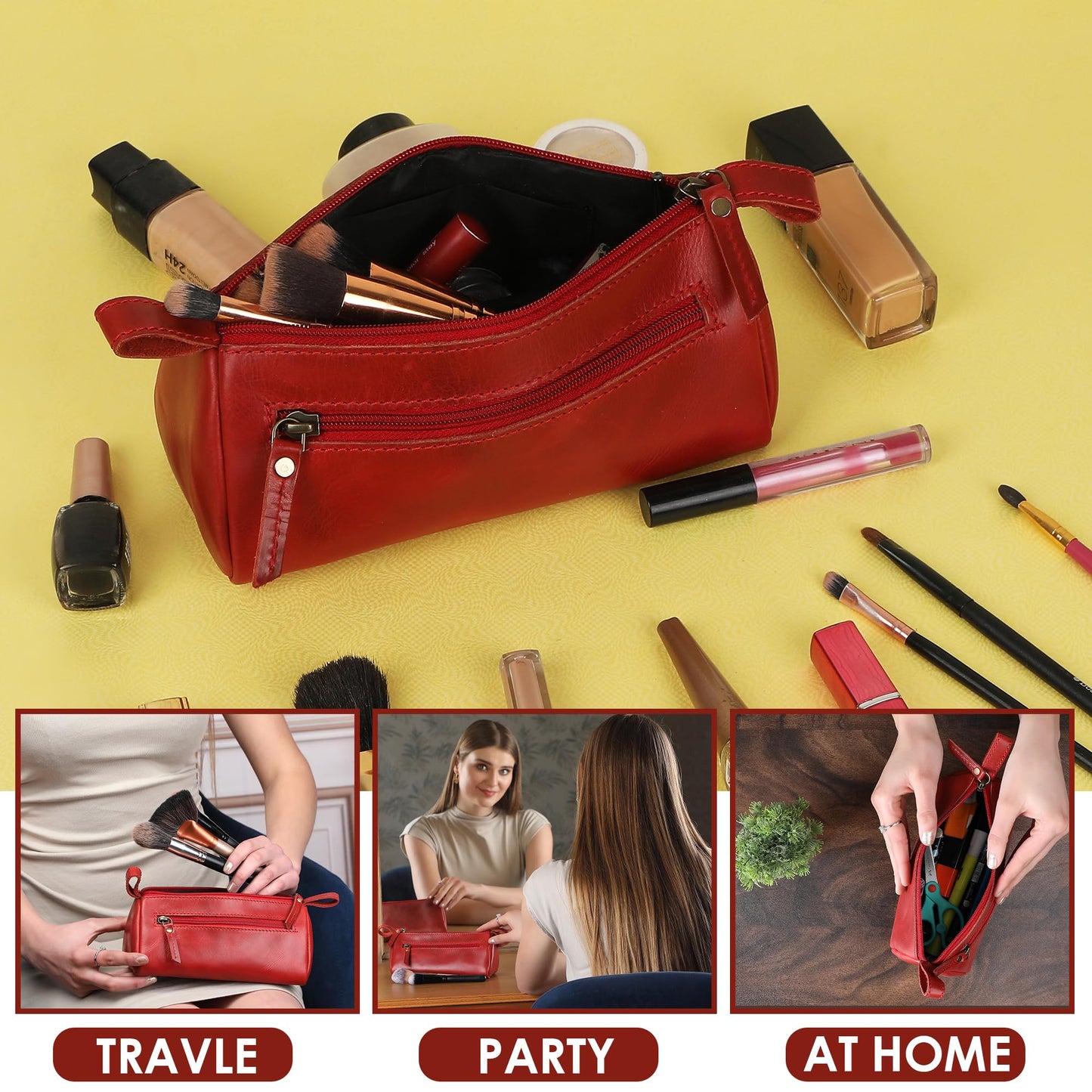 TheAntiq Leather Makeup Bag for Women – Genuine Leather Cosmetic Bag Travel, Handmade Zippered Makeup Pouch, Small Toiletry Bag, Shaving Kit & Stationery Organizer- Red