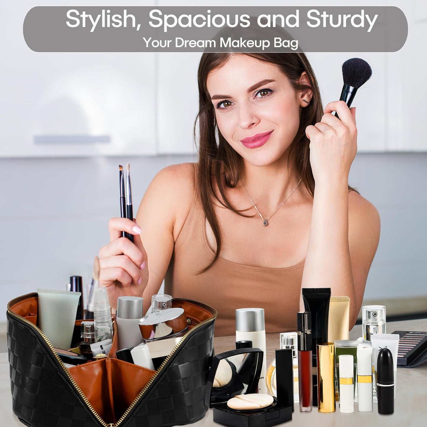 ALEXTINA Large Capacity Travel Cosmetic Bag - Portable Makeup Bags for Women Travel Toiletry Bag Waterproof Leather Checkered Makeup Organizer Bag for Travel Essentials, Open Flat Make up Bag, Black