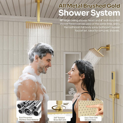Gold Shower Faucet Set, Brushed Gold Shower System, 10'' Ceiling Shower Head and 6'' Wall Mounted ShowerHead, Dual Gold Shower Head with Handheld Combo, 3 In 1 Push Button Shower Diverter Valve