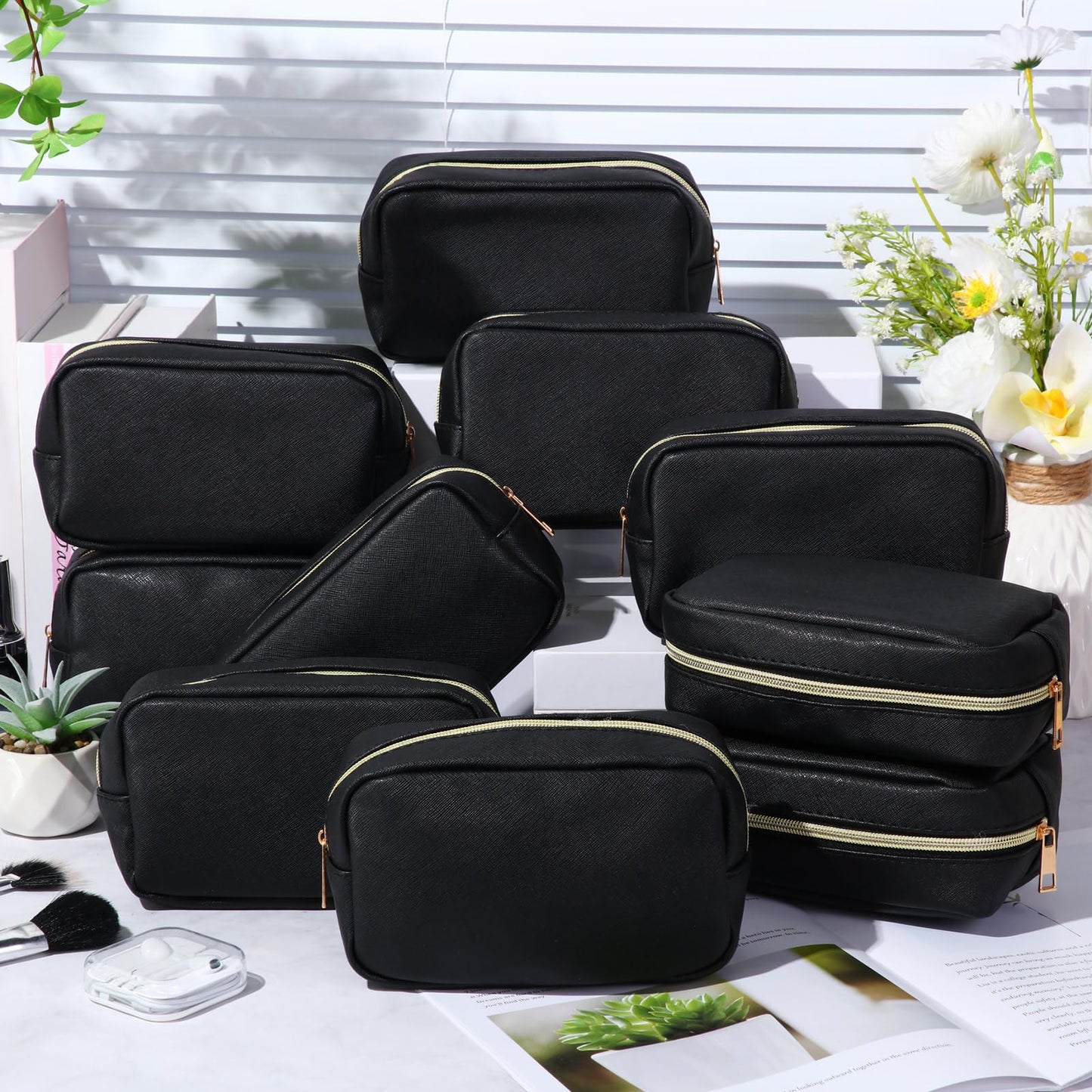 Sweetude 10 Pcs Makeup Bag Bulk for Women Preppy Gift PU Leather Cosmetic Bag Small Skincare Toiletry Pouch Wedding Travel Cosmetic Pouch for Bridesmaid Bride Mother Gift Favors (Black)