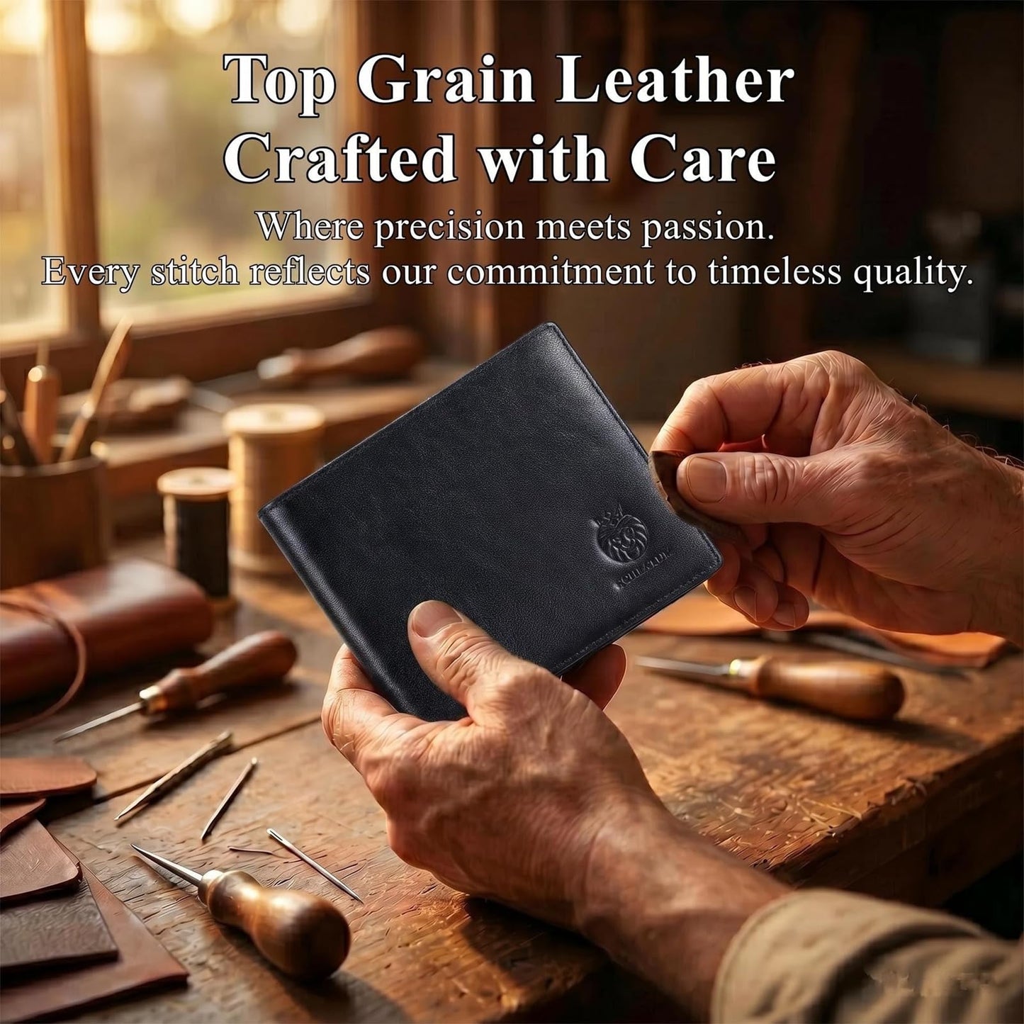 Golnestyn RFID Blocking Leather Wallets for Men, Men's Top Grain Leather Bifold Wallet with 9 Card Slots, 2 ID Windows, Slim Non Bulky Durable Wallet for Travel & Business Gift (Black)