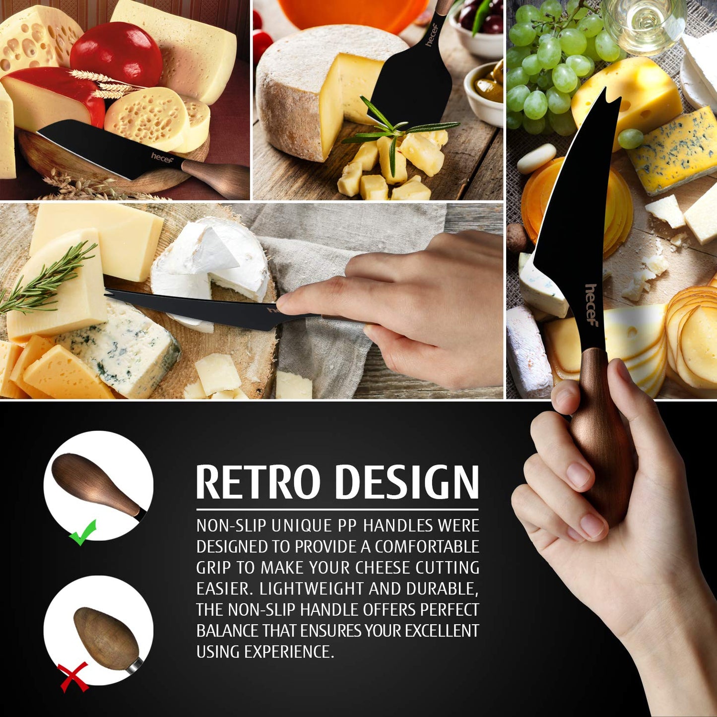 hecef Cheese Knife Set of 3, Bronze Grain Multipurpose Retro Cheese Knives, Set includes Pronged, Hard Cheese & Chisel Knife, Black