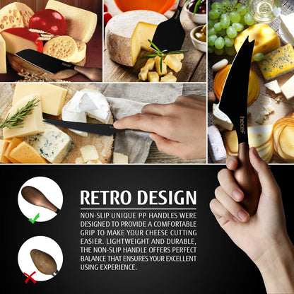 hecef Cheese Knife Set of 3, Bronze Grain Multipurpose Retro Cheese Knives, Set includes Pronged, Hard Cheese & Chisel Knife, Black