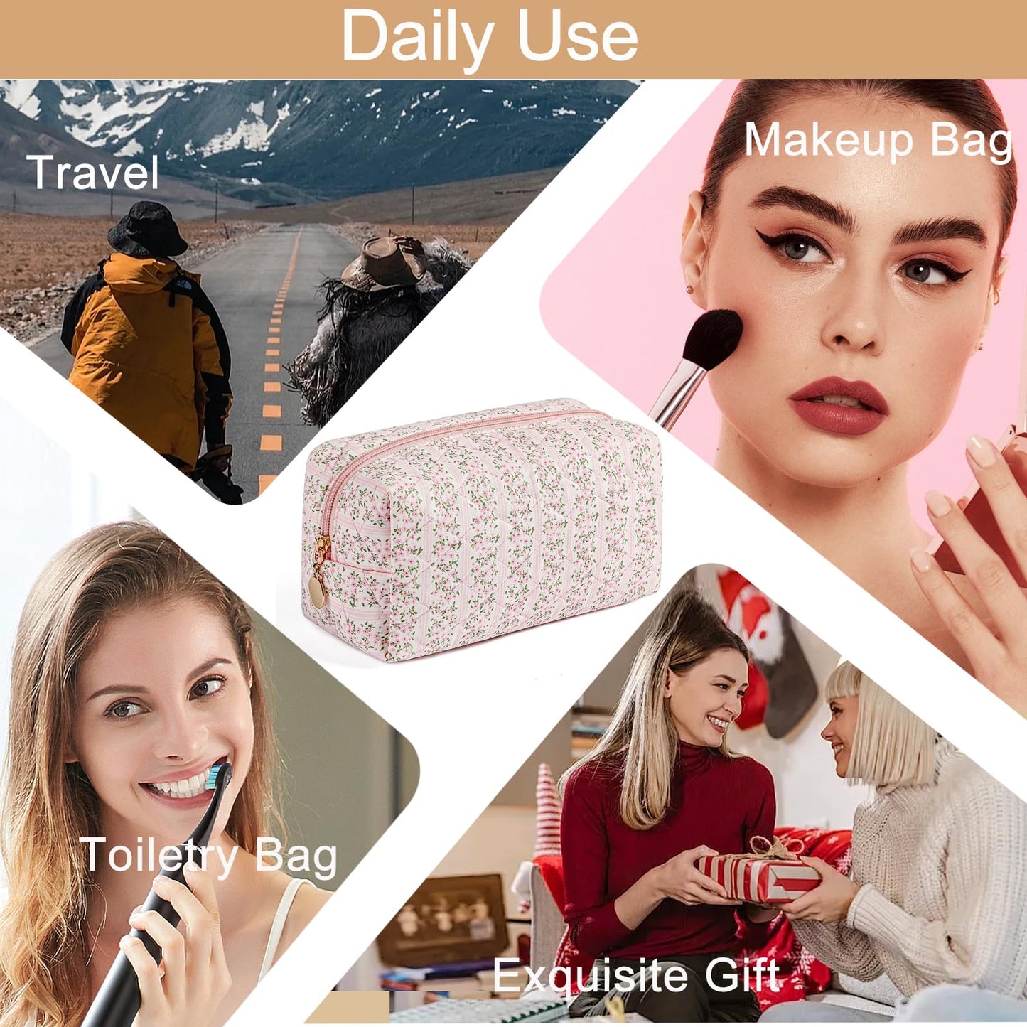 HHQQWZ Makeup Bag Travel Cosmetic Bag for Women Girls, Zipper Make Up Pouch, Floral Flowers Toiletry Organizer Makeup, Portable Storage Cosmetic Travel Cloth Bag (Pink)
