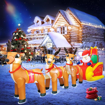DomKom 12 FT Christmas Inflatable Outdoor Santa Claus on Sleigh with Three Reindeer, Building LED Lights, Blow Up Yard Decoration for Party Garden Lawn Winter Decor