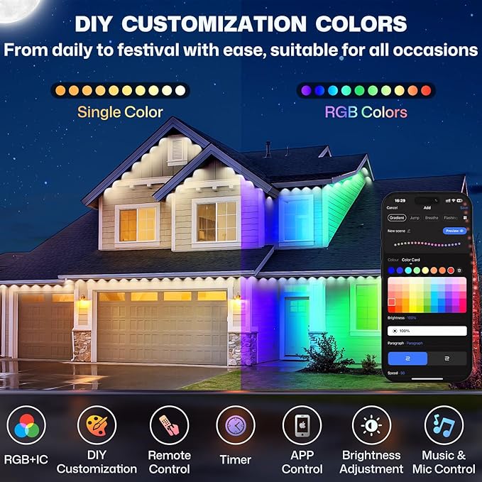 Permanent Outdoor Lights, 100ft Smart Eave Lights with 72 LED Lights, IP67 Waterproof, App Control, Outdoor String Lights, DIY RGB+IC Light for House Christmas Halloween Decorations, White