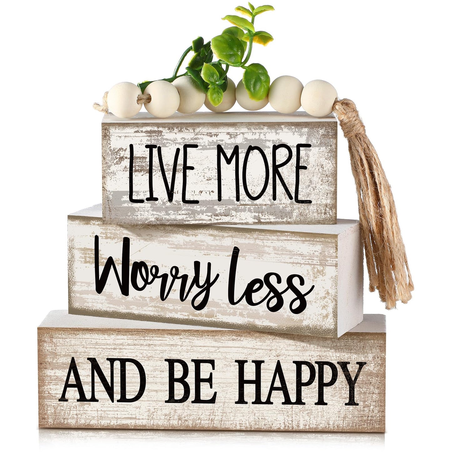 Moucuny 4 Pcs Inspirational Farmhouse Table Decor Rustic Stacked Wooden Block Sign - Live More Worry Less Be Happy Centerpieces Set with Beaded Tassel and Artificial Plant for Home, Office, Shelf Gift