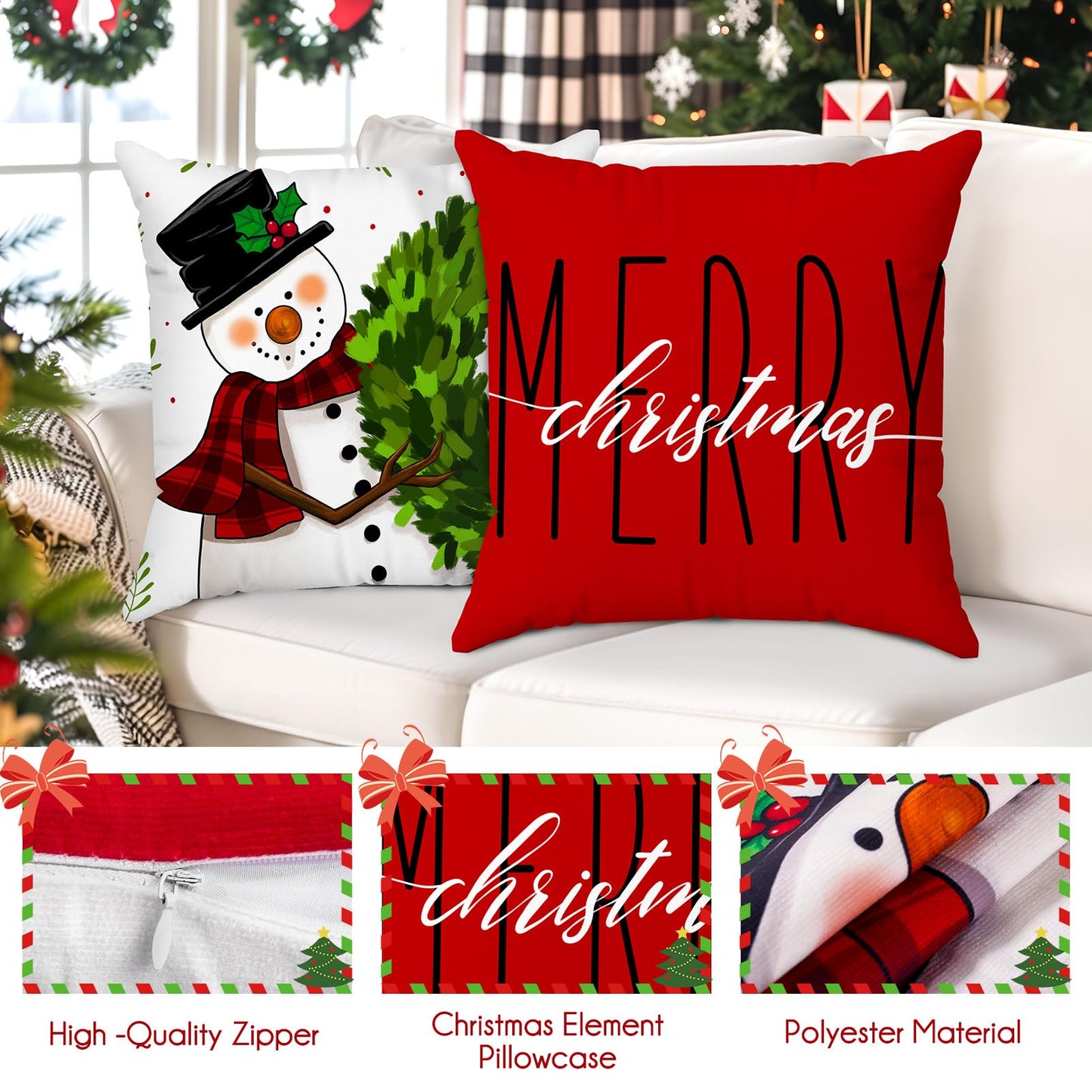 Brightown Red Christmas Pillow Covers 18x18 Set of 4 Christmas Decorations Winter Holiday Decor Throw Cushion Case for Home Couch