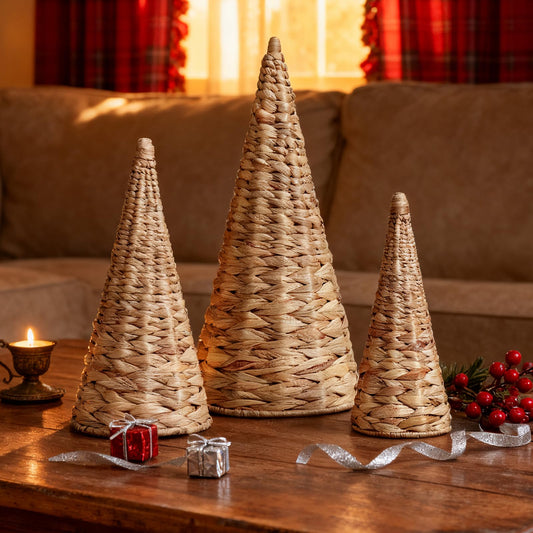 3pcs Woven Water Hyacinth Christmas Trees Decor, Artificial Christmas Tree Decorations for Home Party Table Village Craft Indoor Outdoor Vintage Christmas Decor(Natural)