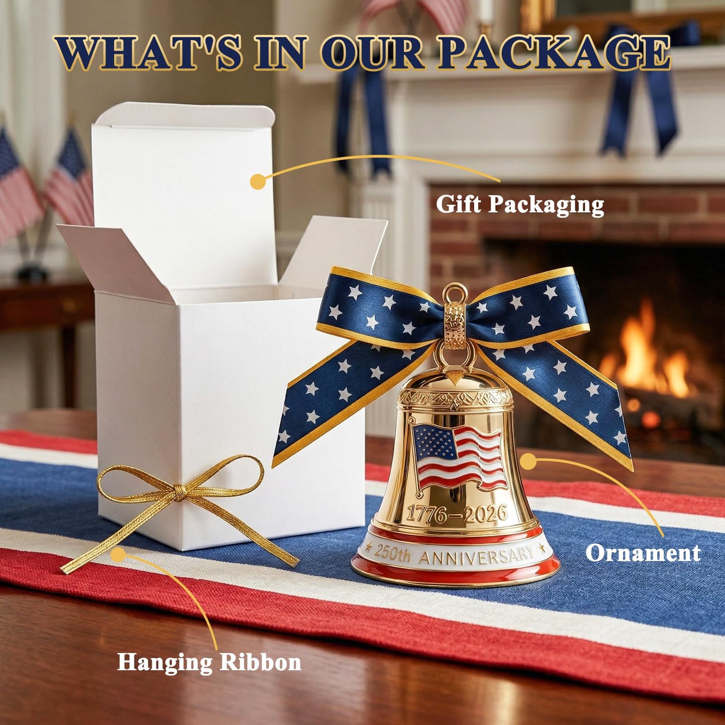 250 Anniversary USA Ornament for Fourth of July Decorations, 3D Metal 1776-2026 Liberty Bell Patriotic Ornaments Independence Day Decorations, 4th of July Gifts for Men Women