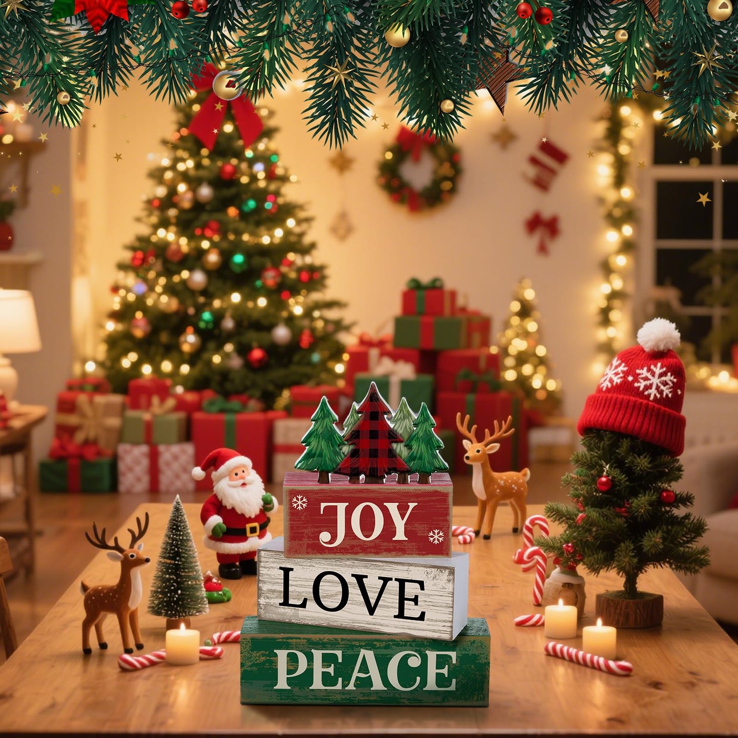 Lineshading 4 Pcs Christmas Table Decor Christmas Tree Centerpiece Joy Peace Love Sign Rustic Decorative Tree Block Signs Gift Winter Tiered Tray Decor Farmhouse for Home Xmas Party Kitchen Shelf