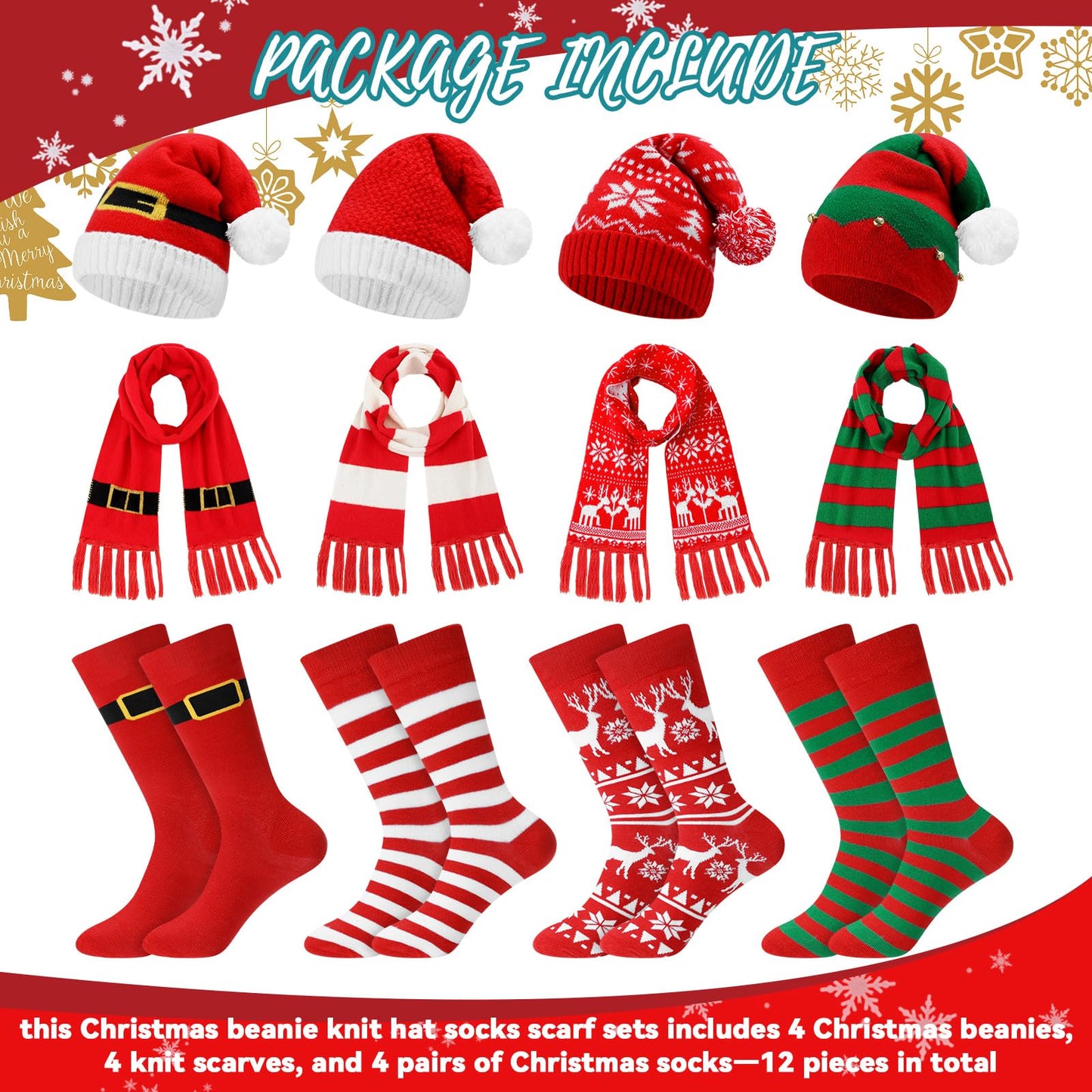 Liitrsh 12 Pack Christmas Winter Accessories Set, 4 Christmas Beanies 4 Knitted Scarves and 4 Pairs of Holiday Socks Soft Warm Xmas Hat Scarf Sock Set for Family Parties Gifts