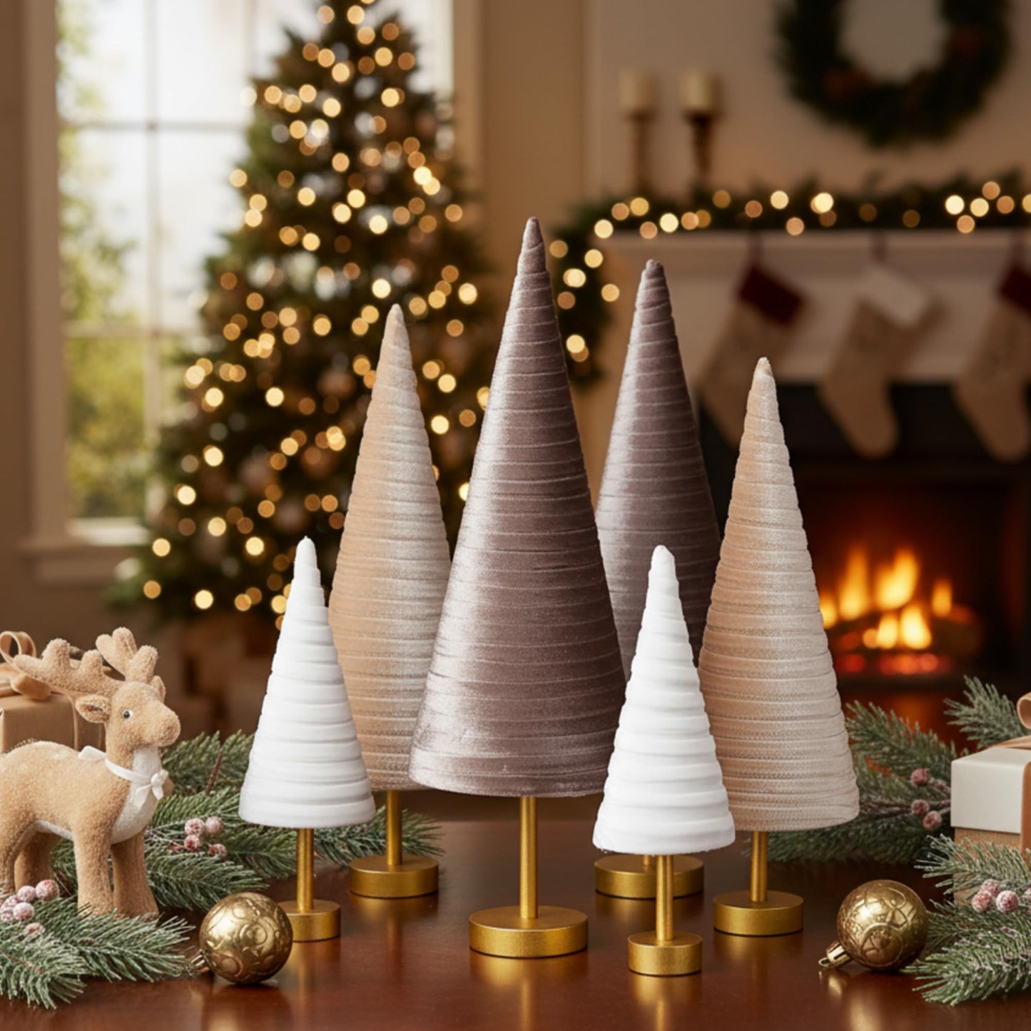 Hoolerry 6 Pcs Christmas Velvet Trees with Gold Pedestal Christmas Velvet Cones Tree Mantel Decor Modern Rustic Winter Home Minimalist for Holiday Entryway Table Wedding Centerpiece(Gold Brown)