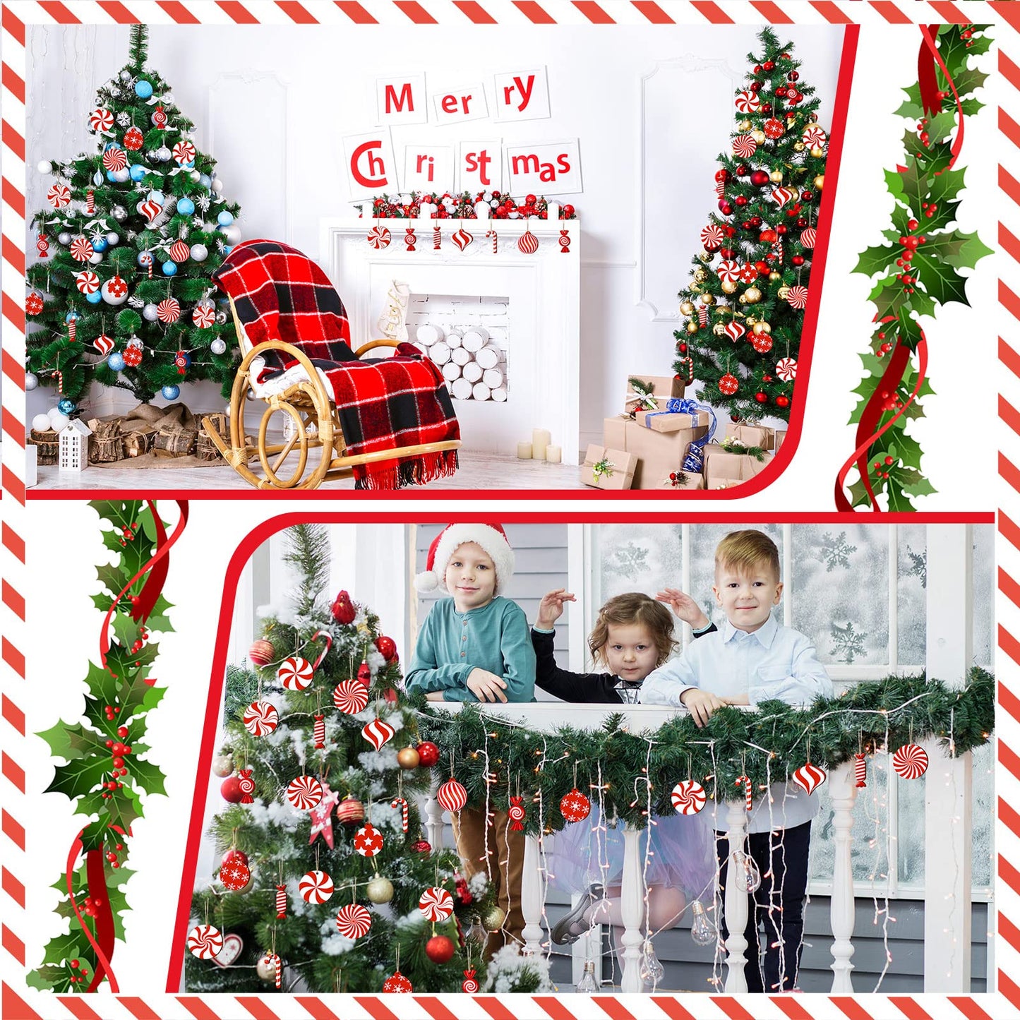 36 Pieces Candy Cane Christmas Ornaments Wood Hanging Decor Xmas Tree Cutouts Peppermint for Home Party Decoration Supplies (Candy Style)