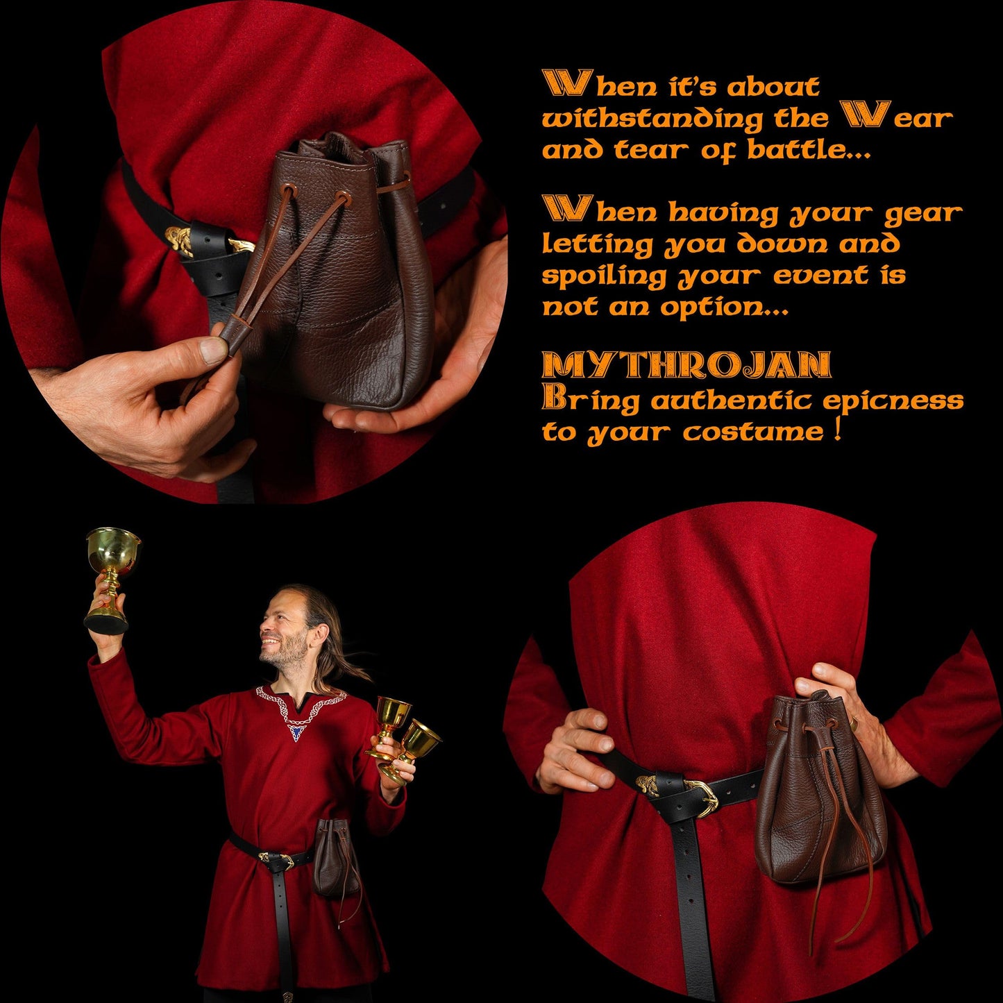 Mythrojan Leather Belt Bag Medieval Pouch Renaissance Drawstring Pouch with 100% Genuine Leather Belt Purse for Reenactments, SCA, LARP, Cosplay Costume Accessory - Brown, 7" x 5"