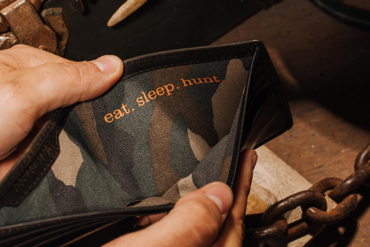 House of Jack Co. Deer Men's Classic Bifold Wallet, Full Grain Leather Hunting Wallet, 8 Card Slots, Camo Lining, Embossed Whitetail Deer, Hunter Gift for Men, Black