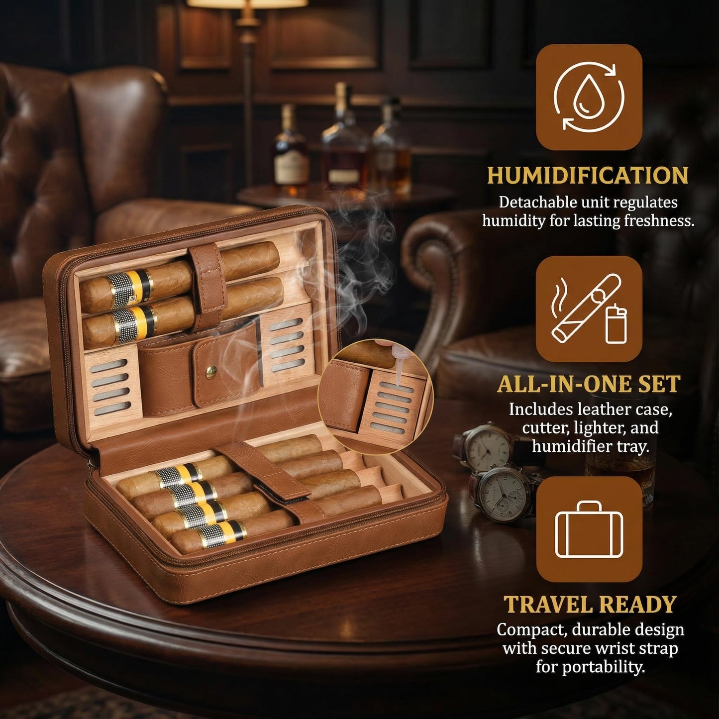 BZWBZ Travel Cigar Case Set,Torch Lighter with Cigar V Cutter, Hole Punch, Spanish Cedar Wood Humidor,Brown Leather