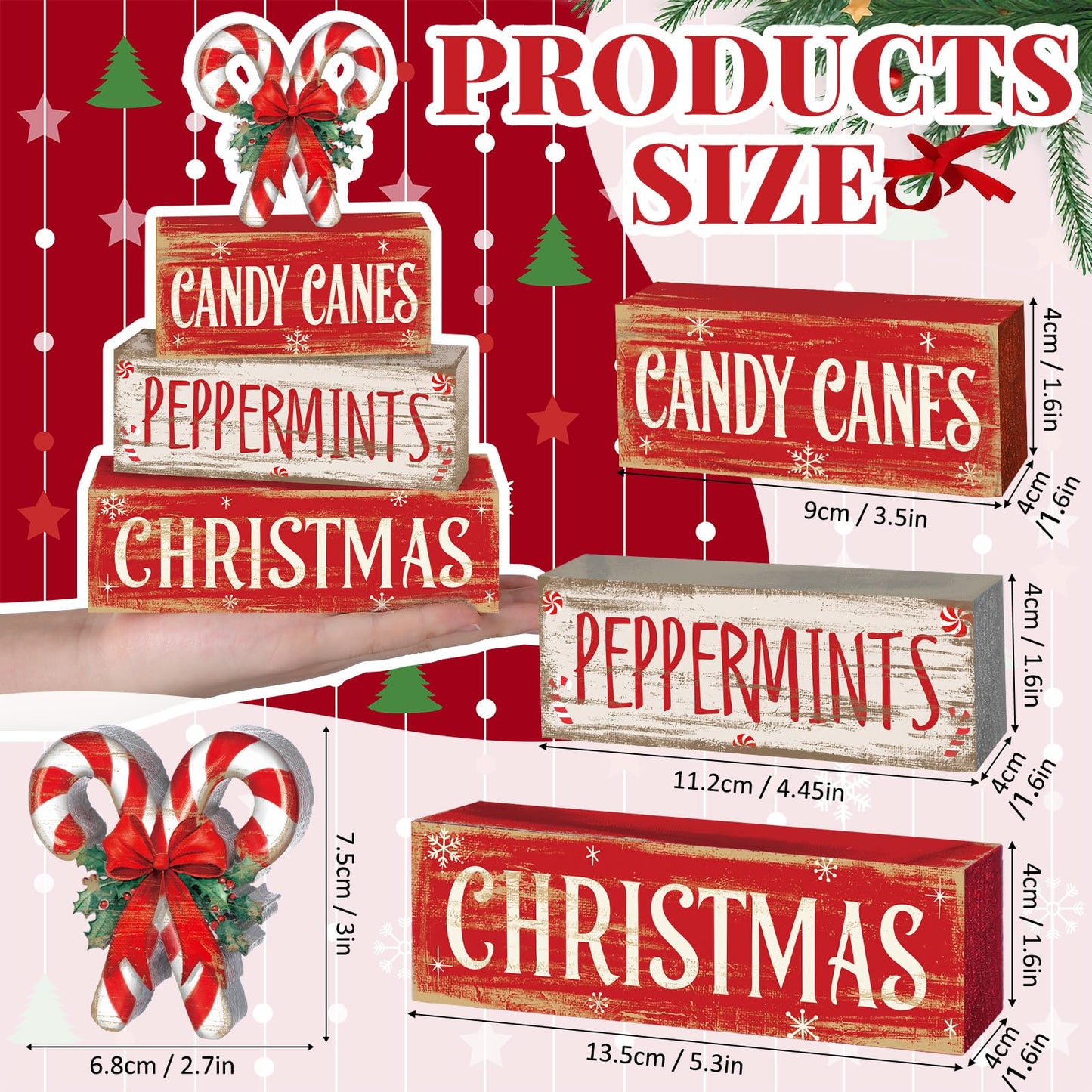 Moucuny 4 Pcs Christmas Candy Cane Table Decor Christmas Wooden Decorative Signage Red and White Stripes Candy Cane Xmas Tiered Tray Decor Centerpieces Farmhouse Wooden Block Set for Home