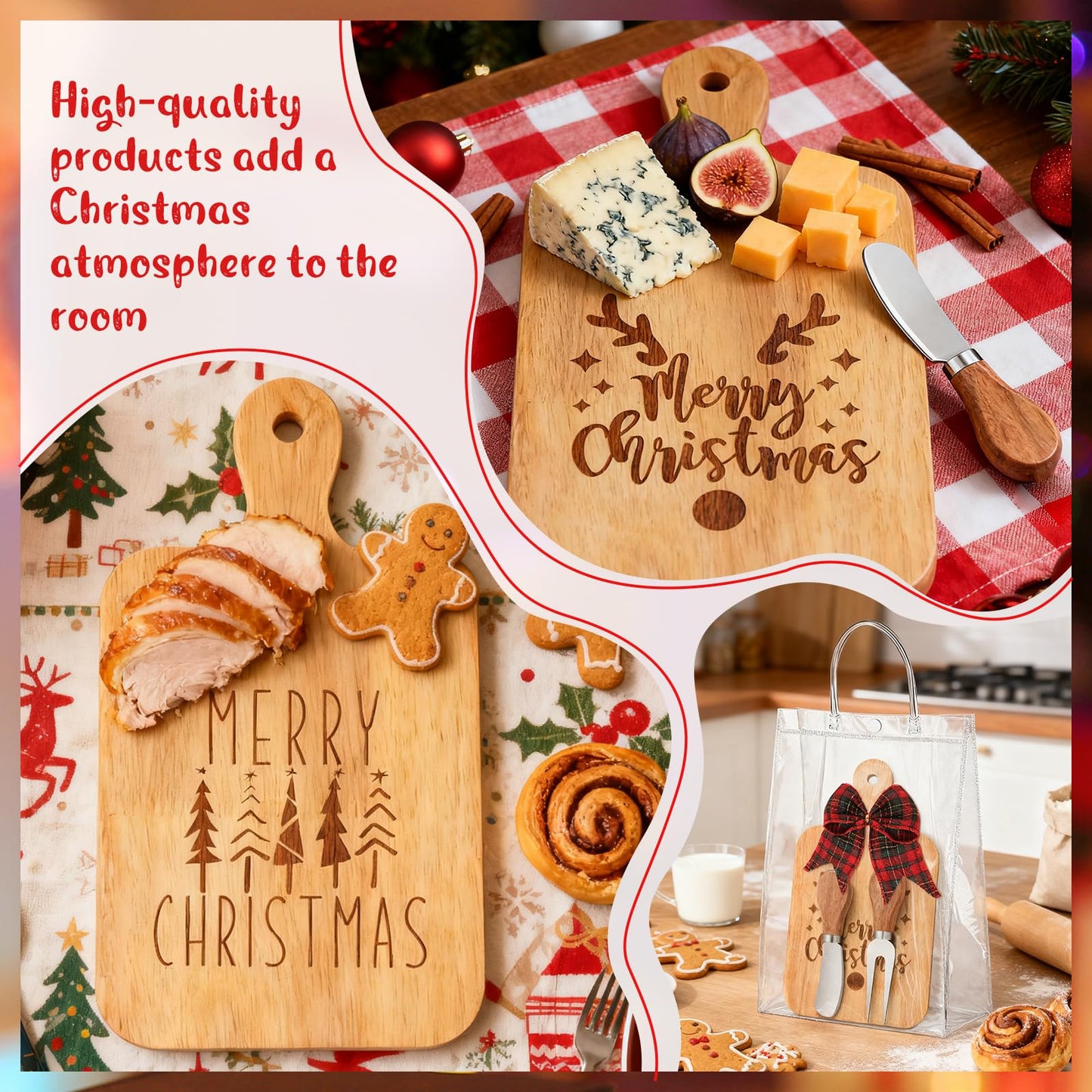 12 Set Merry Christmas Wood Cutting Board Bulk Christmas Kitchen Gift Set Xmas Tree Kitchen Charcuterie Board Serving Platter Tray for Winter Home Party Gift Decor
