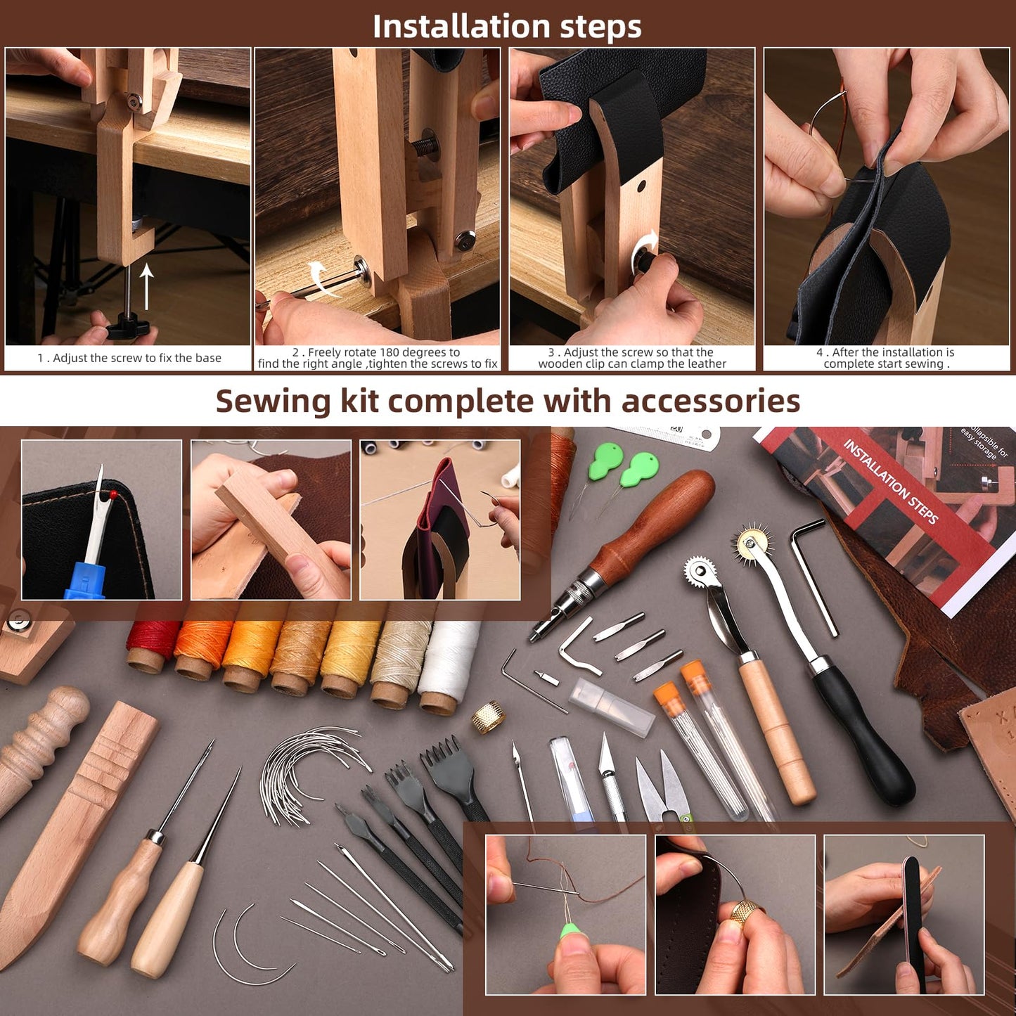 Yizzvb Stitching Pony, Leather Stitching Pony Clamp-Table Desktop Pony Horse Clamp with Sewing Needles, DIY Stitching Clamp, 96 PCS Leathercraft Repair Tools with Awl for DIY Leather Hand Stitching