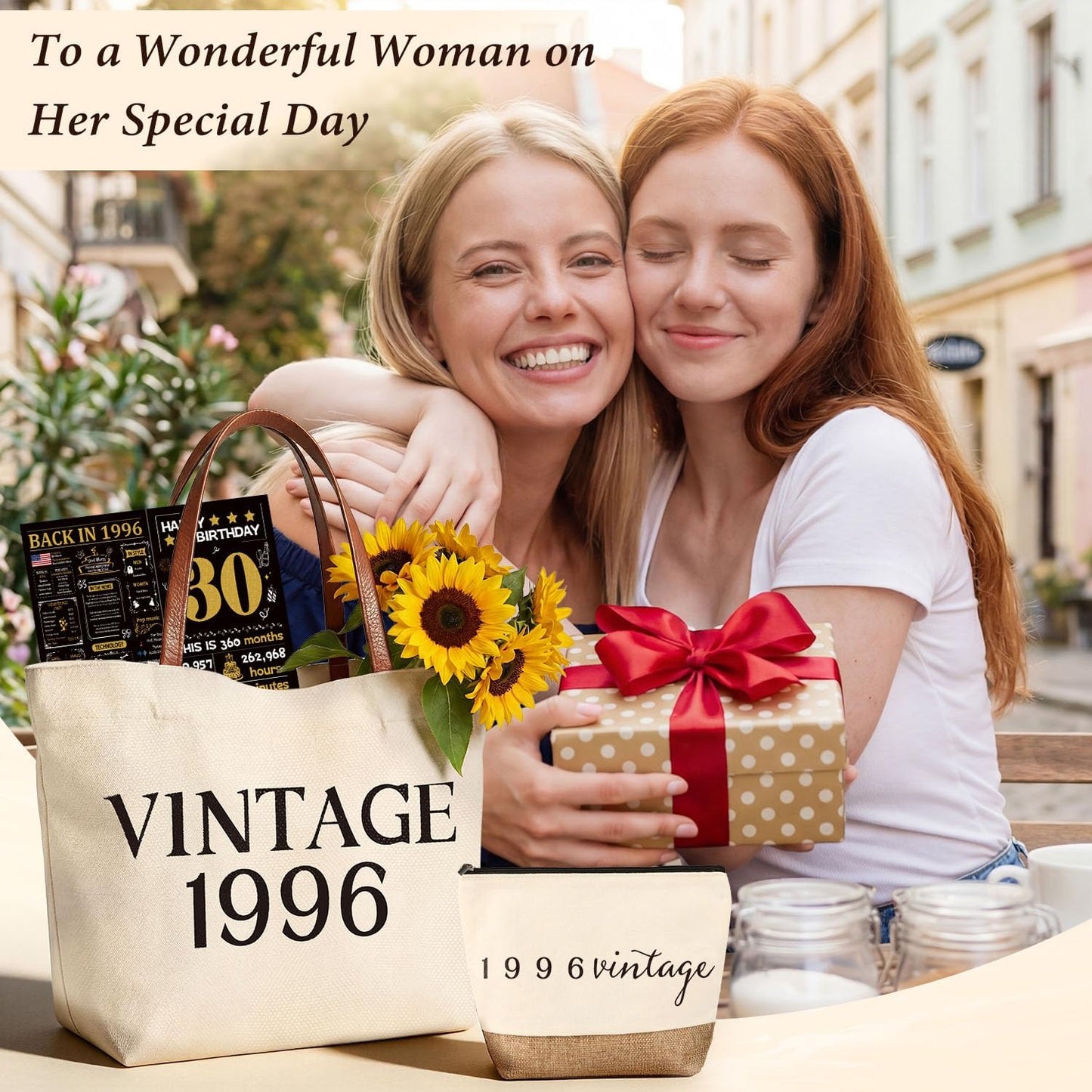 Vintage 1956 Gifts for Women, 70th Birthday Gift Set, Canvas Tote Bag with Leather Handles, Makeup Pouch & Back in 1956 Card, Gift for Her Turning 70