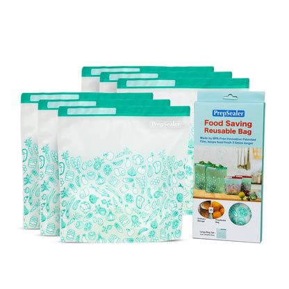 PrepSealer Reusable Food Storage Bags – Keep Fruits, Veggies & Meats Fresh Longer -10 Pieces (3 S, 3 M, 4 L)