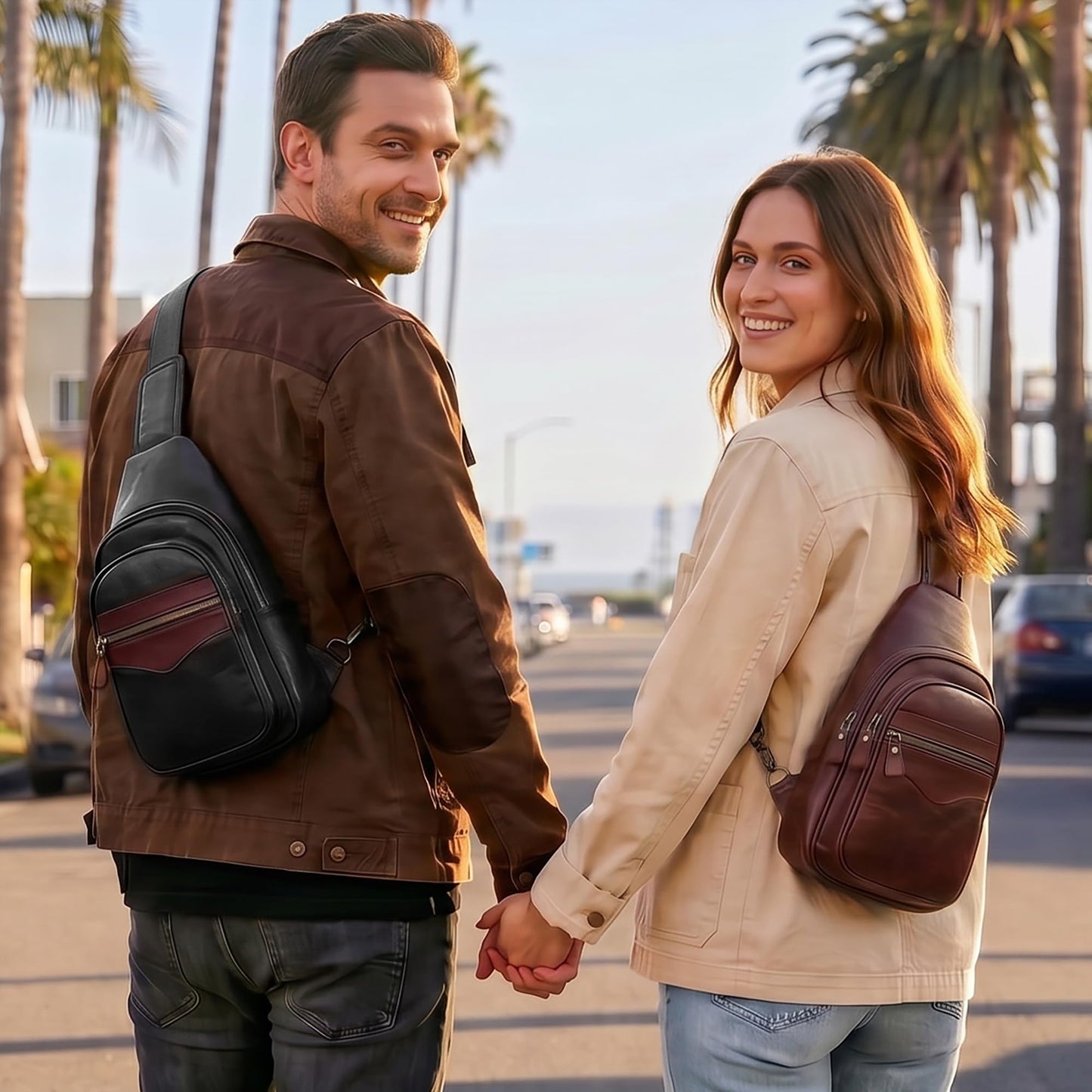 Genuine Leather Sling Bag for Men and Women Crossbody Shoulder Bag Sling Backpack Chest Purse Carry on Casual Daypack(Black)