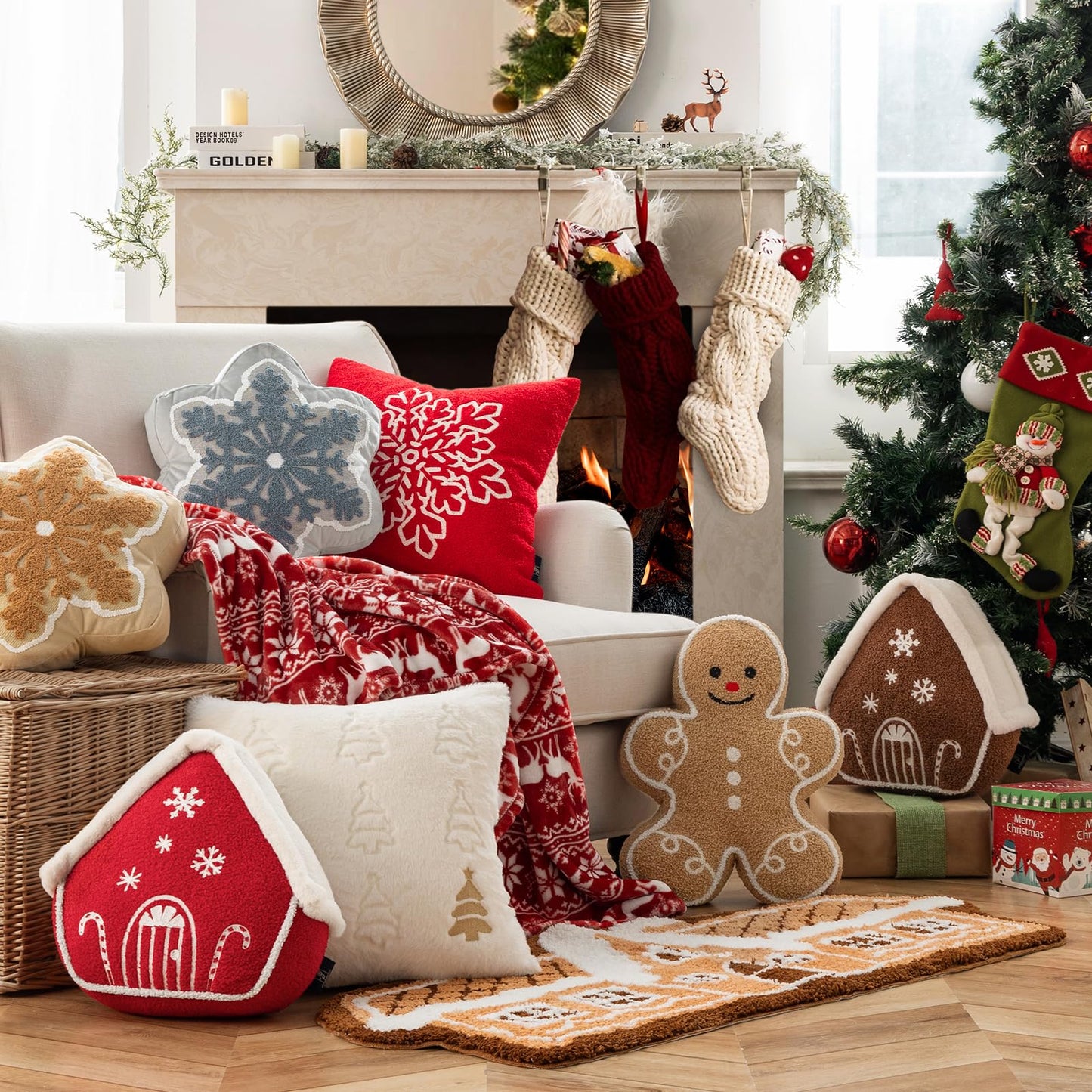 Phantoscope Gingerbread Man Merry Christmas Throw Pillow, Plush Teddy Xmas Gingerbread Shaped Pillows Christmas Decorative Pillow for Couch Living Room Bed, Beige,13 x 17 inches