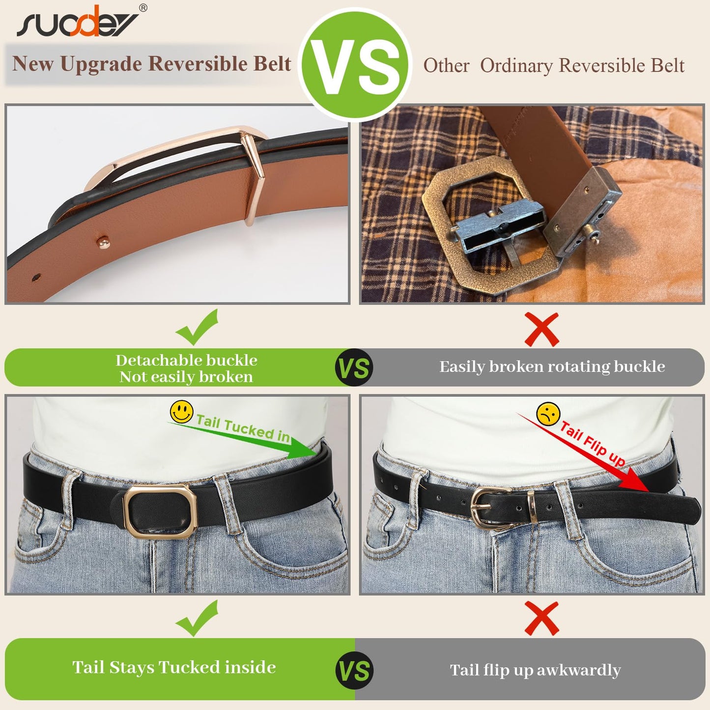 SUOSDEY Women Reversible Leather Belt for Jeans Pants Dresses Ladies Waist Belt, 1.3" Width,black/brown
