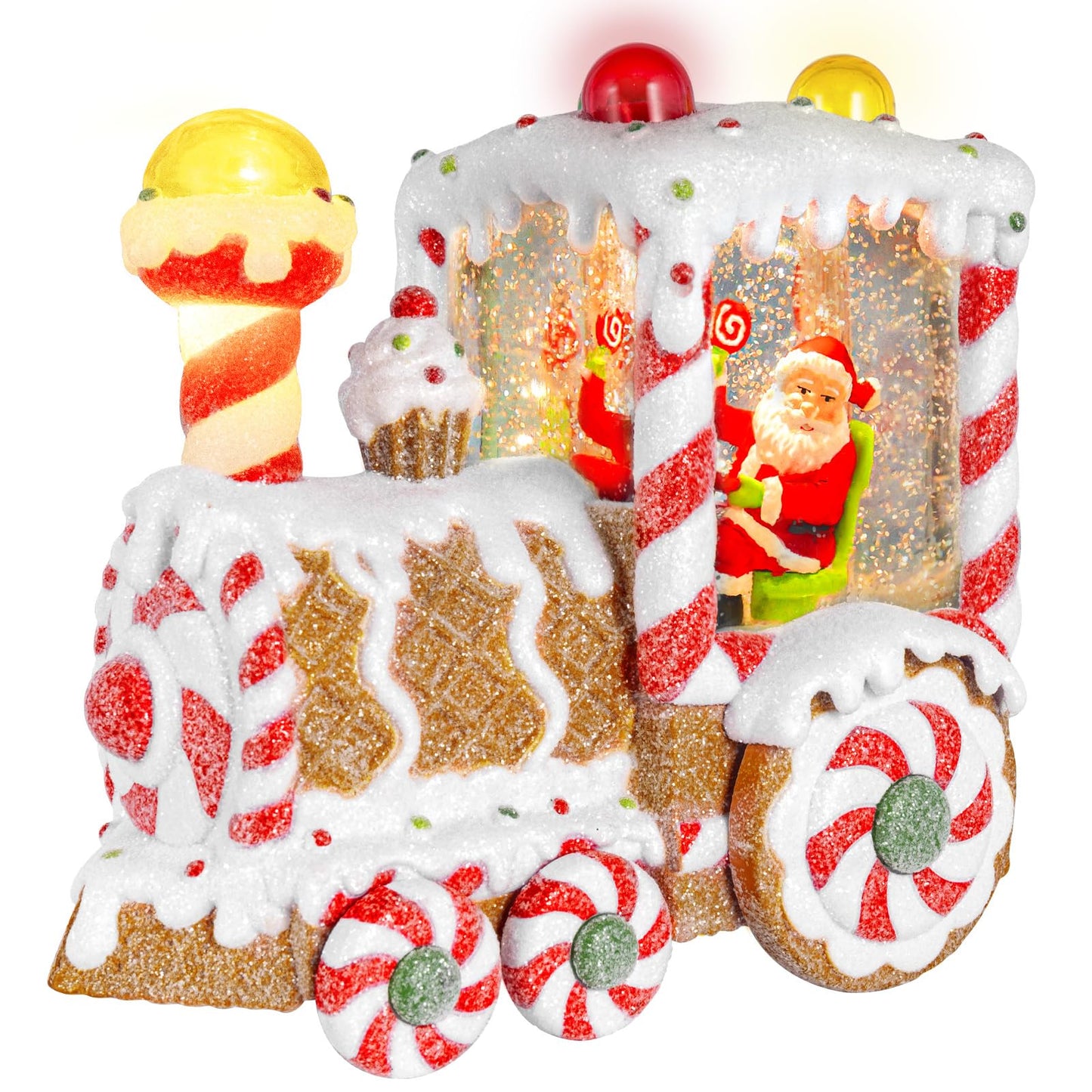 Christmas Snow Globes Dessert Train Water Glittering Lantern with 6H Timer Function Santa Snow Globe Christmas 3 AA Battery Operated for Xmas Festival Decorations Gifts (Dessert Train)