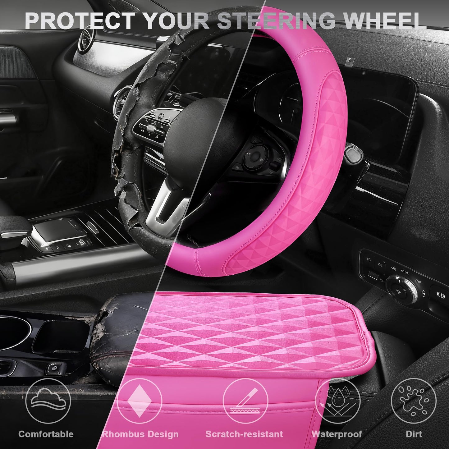 CAR PASS 3D Rhombus Pink Leather Steering Wheel Cover Car Accessories Set, Center Console Armrest Cushion with Storage Bags 2 Non-Slip Cup Coasters, 14.5-15in Cute Car Interior Sets, 4 PCS Hot Pink