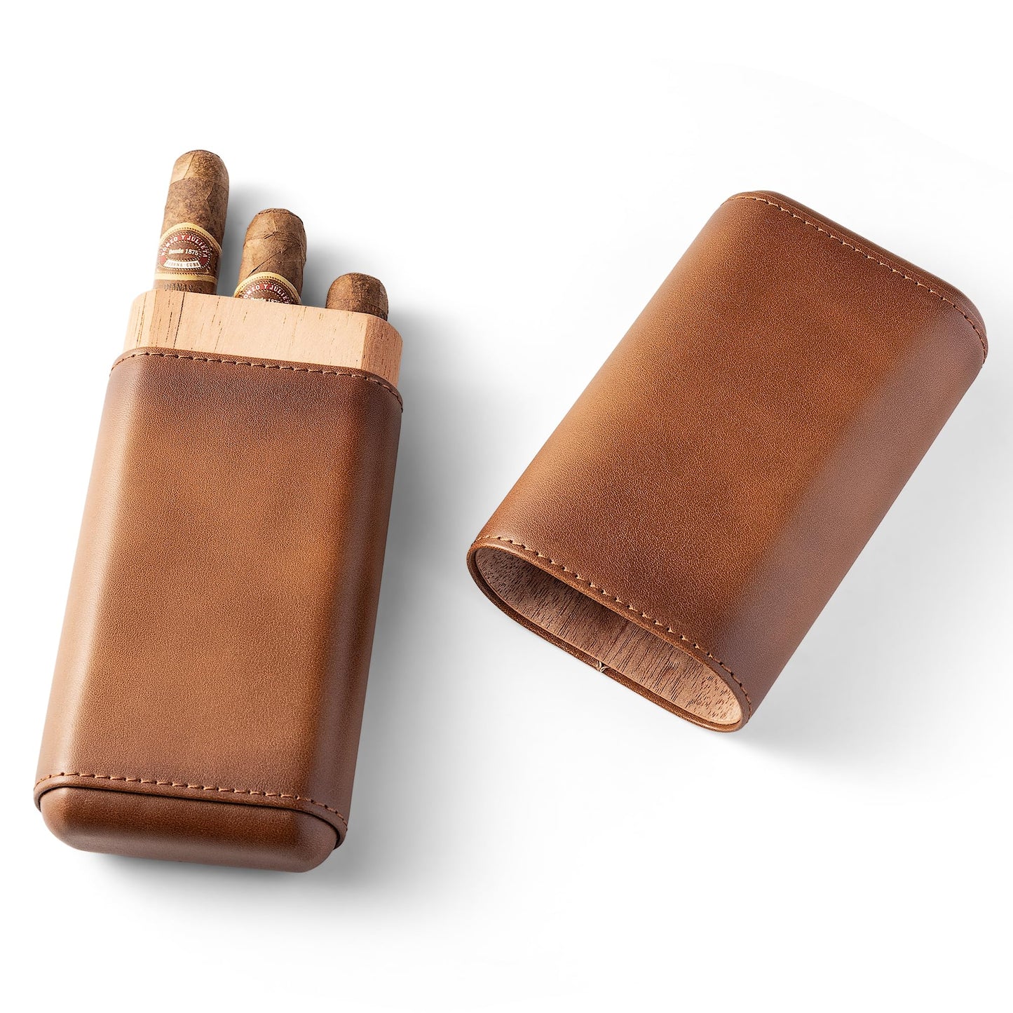 Woodronic Cigar Case, Premium Brown Genuine Leather Cigar Travel Case with Spanish Cedar Wood Lined, Portable Cigar Humidor, Cigar Accessories Gift for Men (Holds 3 Cigars)