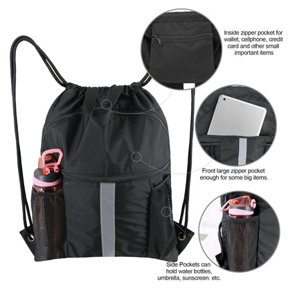 BeeGreen Drawstring Backpack Bag with Shoe Compartment, X-Large Black Gym Sports String Cinch Backpack, Athletic Sackpack with Front Inside Zipper Pockets