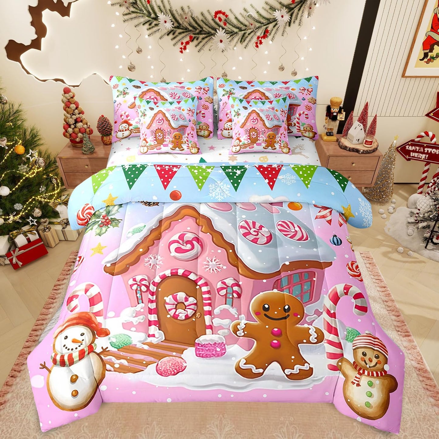 Xmas Gingerbread Man Twin Comforter Set with Sheets Bed in a Bag 7 Pcs,Winter Candy House Watercolor Bed Set,Snowman Winter Bedding Sets with Comforter,Flat,Fitted Sheet,Pillowcases,Pillow Covers