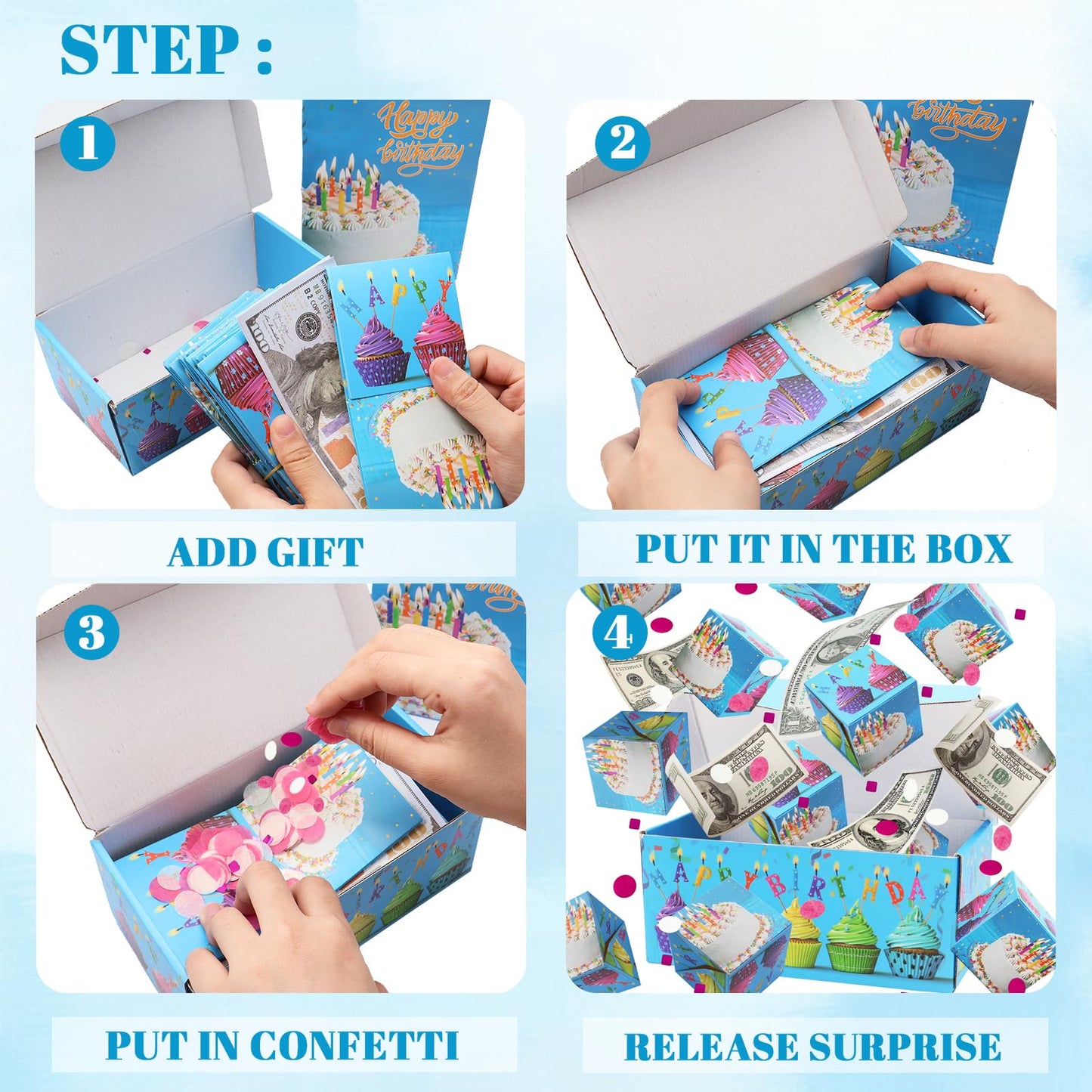 Surprise Gift Box Explosion for Money, Unique Folding Bouncing Red Envelope Gift Box with Confetti, Cash Explosion Luxury for Birthday Anniversary Valentine Proposal (15 Bounces) (Blue Birthday)