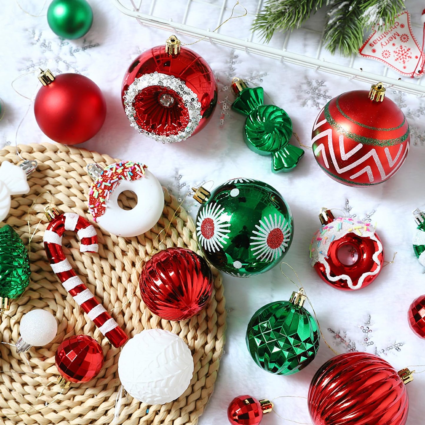 56Pcs 21Styles Christmas Balls Hanging Ornaments Set,Red Green and White Assorted Shatterproof Plastic Christmas Balls Baubles with Candy Canes,Donuts for Xmas Tree Holiday Home Party Decorations