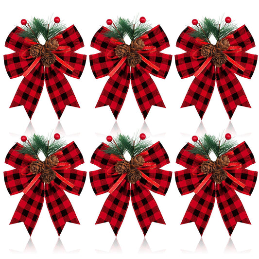 Syhood 6 Pcs Christmas Bows with Pine Cones Pine Needles Xmas Velvet Bows Black and Red Ribbon Christmas Tree Wreath Decoration for Xmas Parties Indoor Outdoor Crafts DIY Decor