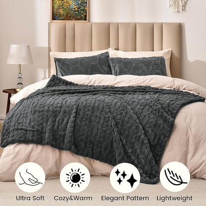 PHF Fluffy Sherpa Throw Blanket for Winter, Warm and Soft, 510GSM 3D Jacquard Thick Shaggy Fleece Plush Blanket for Couch, Dark Grey, 50"x60"