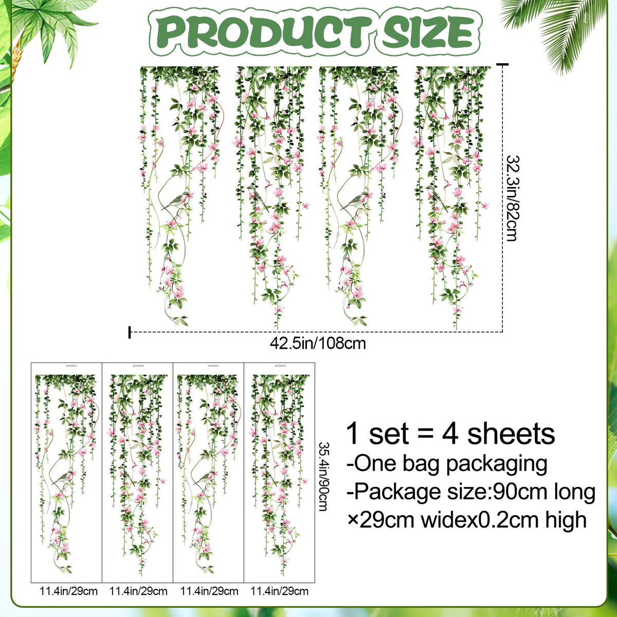 4 Sheets Hanging Vines with Flowers Wall Decals Green Plant Leaves Wall Stickers Pink Cherry Blossom Vine Wall Art Hanging Flower Tree Branches Bird Wall Murals for Kids Bedroom Nursery Decoration 20