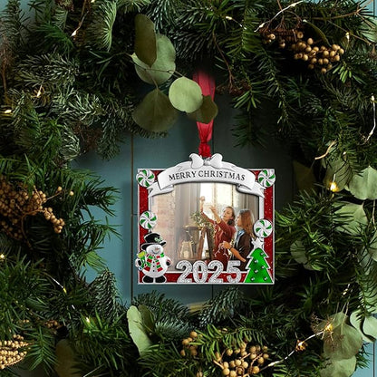 2025 Christmas Tree Ornament Picture Frame Ornament - Made of Zinc Alloy Glitter Powder Pendant 3x2.5 Inch Picture Frame for Pet and Baby Holiday Keepsake Gift (Snowman,Silvery)